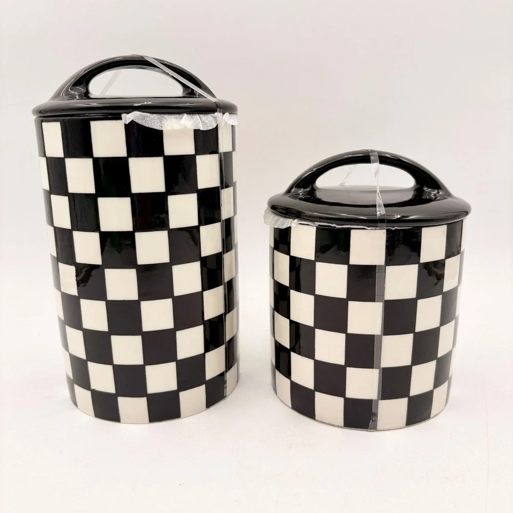 Potters Studio Black White Checkered Ceramic Canister Set 2‎ Piece Courtly Check
